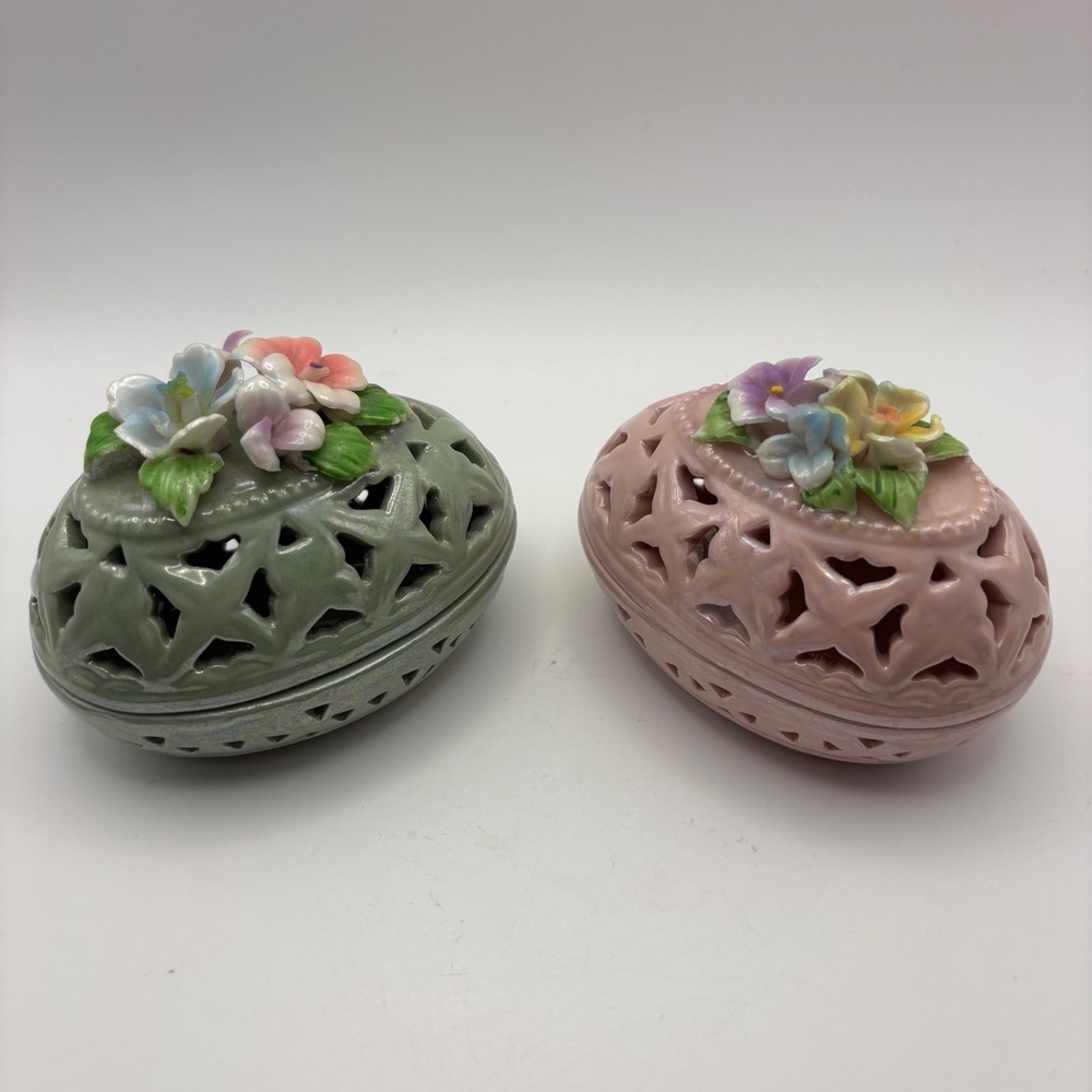Floral Ceramic Egg Trinket Box Set - Pierced Design,‎ Decorative Easter Decor